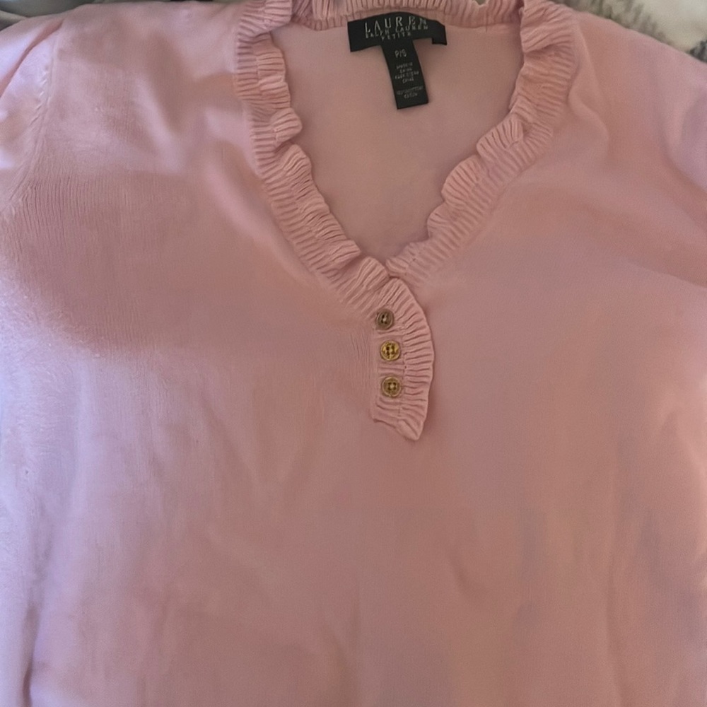 petite small pink ralph lauren sweater three gold button